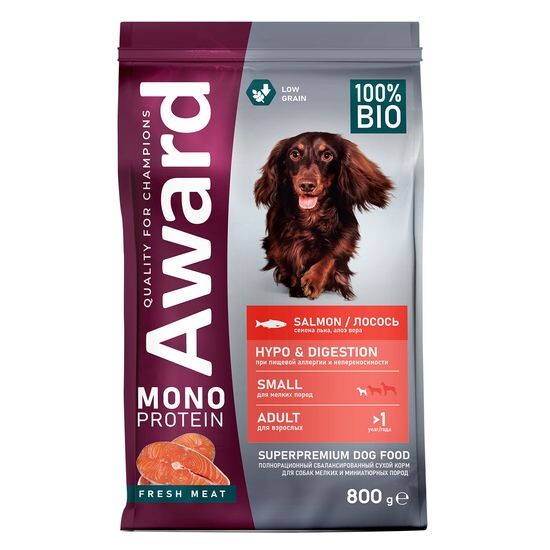 AWARD Monoprotein, корм для мелких собак, лосось, 800 г