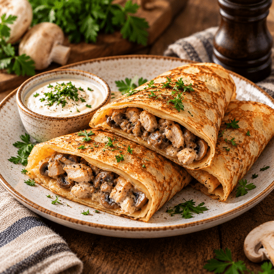 Блин с курицей и грибами на сливках
