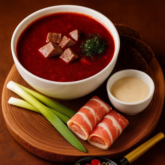 Борщ с домашним салом и гренками