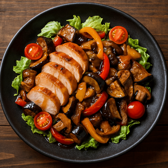 Теплый тайский салат с баклажанами и курицей