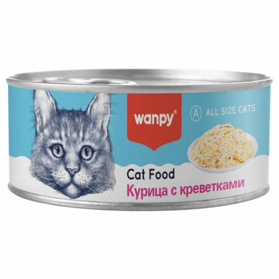 Wanpy Cat консервы для кошек «Курица с креветками», кусочки в желе, 95 г