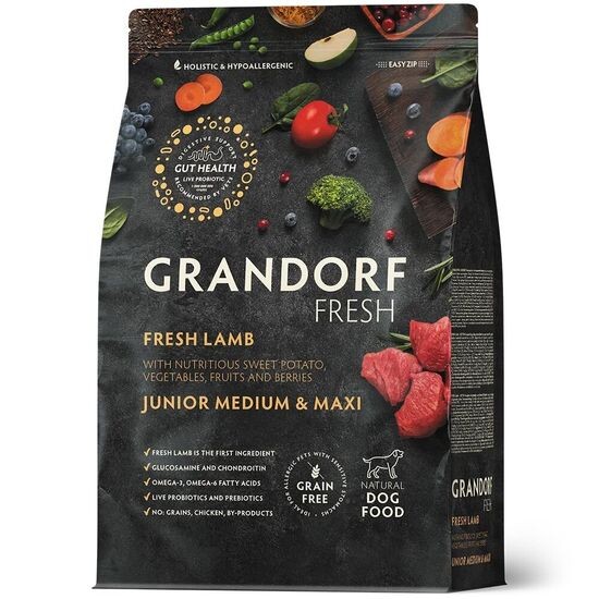 GRANDORF Fresh Junior Medium & Maxi Lamb & Sweet Potato сухой корм для юниоров средних и крупных пород с 4 месяцев, беременных и кормящих собак, ягнёнок с бататом, 3 кг (2727)