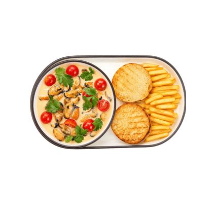 Мясо мидий в устричном соусе с картофелем фри