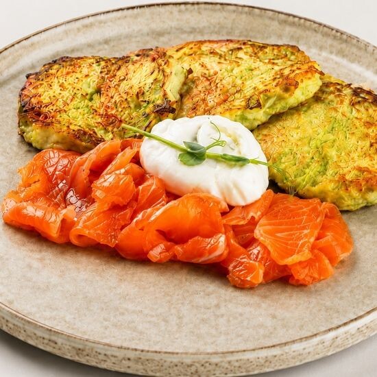 Кабачковые оладьи с сёмгой и яйцом пашот
