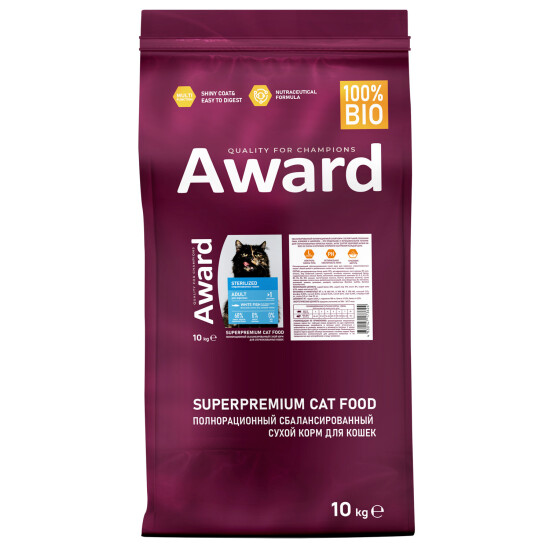 Сухой корм AWARD Sterilized для взрослых стерилизованных кошек с белой рыбой 10 кг за 1 кг