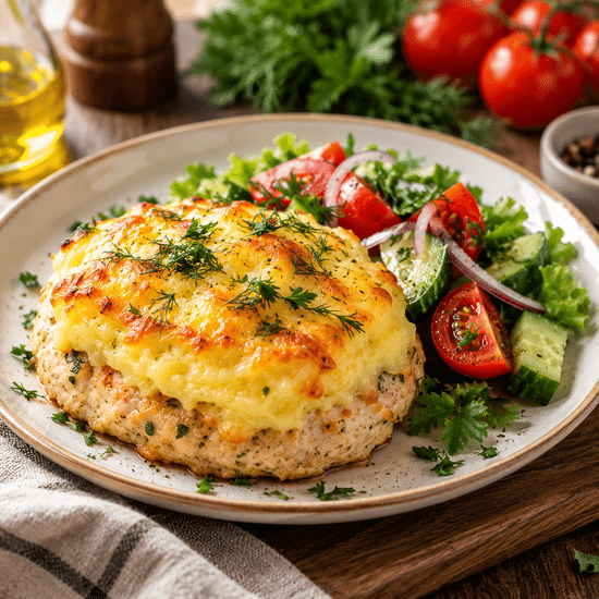 Куриный бифштекс с картофельной шапочкой, сыром и свежими овощами