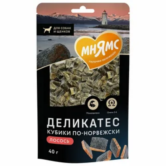 Мнямс Деликатес лакомство для собак «Кубики по-норвежски», из кожи лосося, 40 г