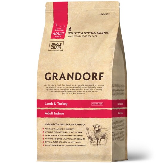GRANDORF Lamb & Turkey Indoor сухой корм для взрослых домашних кошек, ягнёнок с индейкой