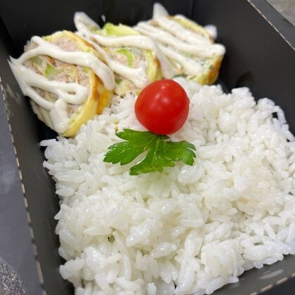 Рулет из кабачка с сыром и мясным фаршем с рисом и чесночным соусом