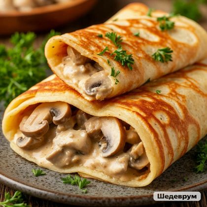 Блин с курицей и грибами на сливках