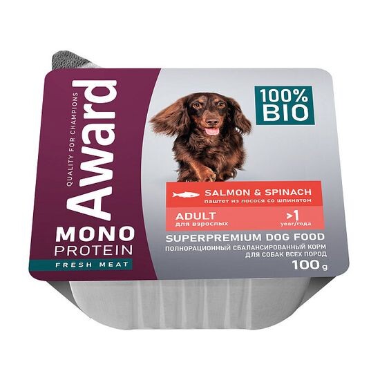 AWARD Monoprotein паштет для взрослых собак, лосось со шпинатом, ламистер 100 г