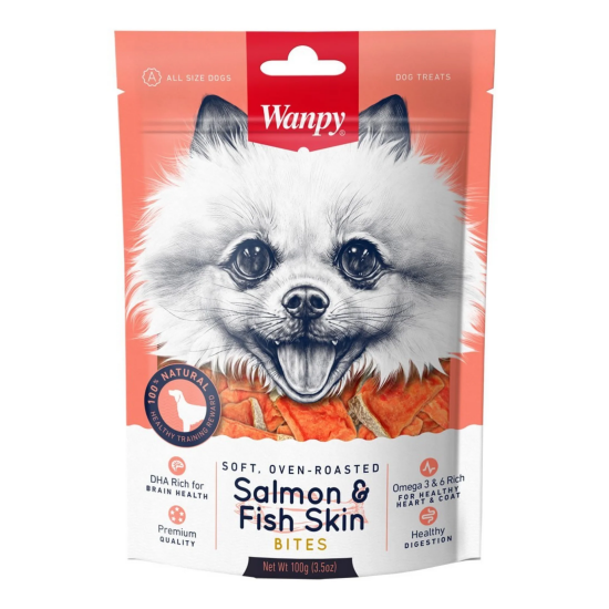 Wanpy Dog лакомство для собак, лакомые кусочки из нежного лосося в форме рыбок, 100 г