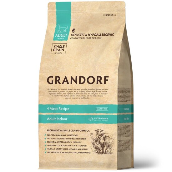 GRANDORF 4 Meat Probiotic Indoor сухой корм для взрослых домашних кошек, 4 вида мяса с пробиотиками