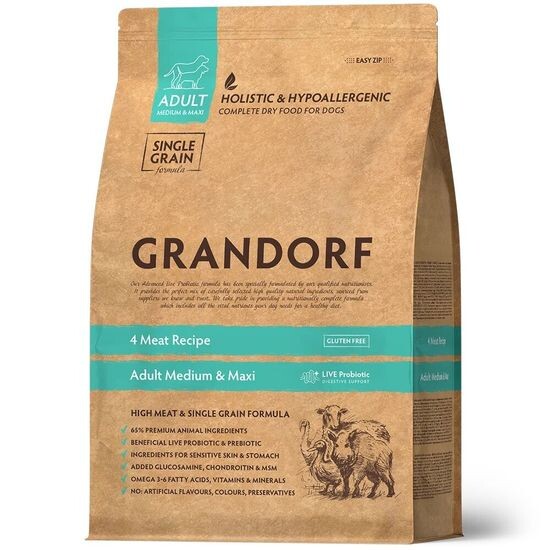 GRANDORF 4 Meat Probiotic Medium & Maxi сухой корм для взрослых собак средних и крупных пород, 4 вида мяса с пробиотиками