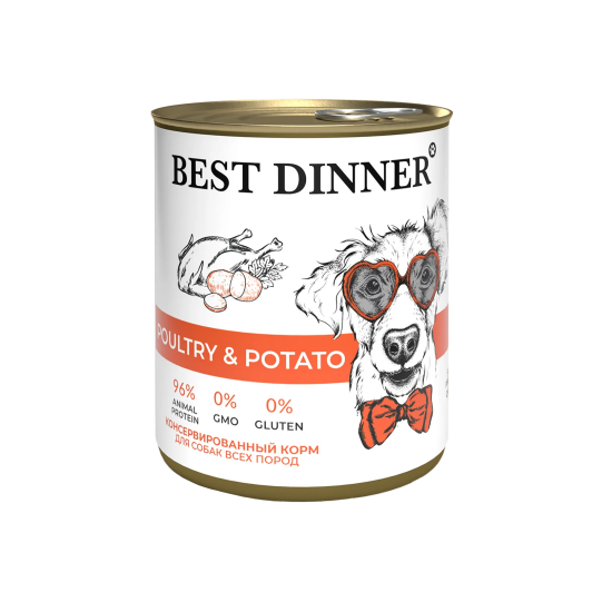 Best Dinner консервы для щенков и взрослых собак, птица с картофелем, 850 г