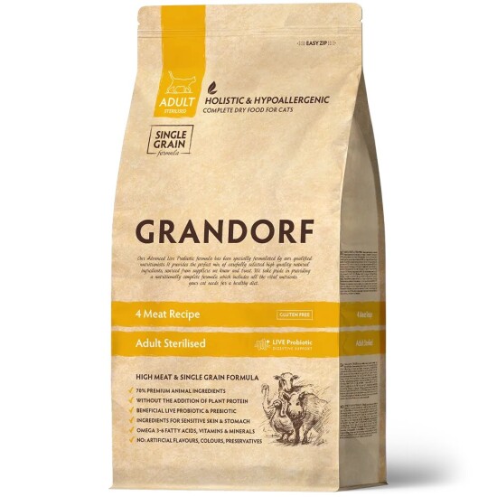 GRANDORF 4 Meat Probiotic Sterilised сухой корм для стерилизованных кошек, 4 вида мяса с пробиотиками