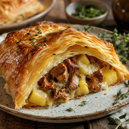 Пеновани с ароматными жареными лисичками, картофелем и копченым сыром сулугуни
