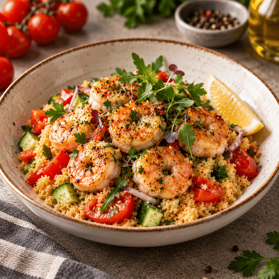 Медальоны из креветки с кус-кусом и свежими овощами