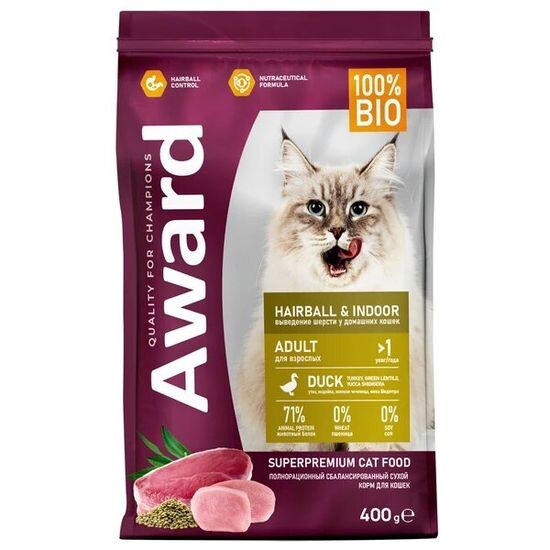 AWARD Hairball & Indoor сухой корм для взрослых кошек, для выведения шерсти, утка и индейка с добавлением зелёной чечевицы и юкки Шидигера