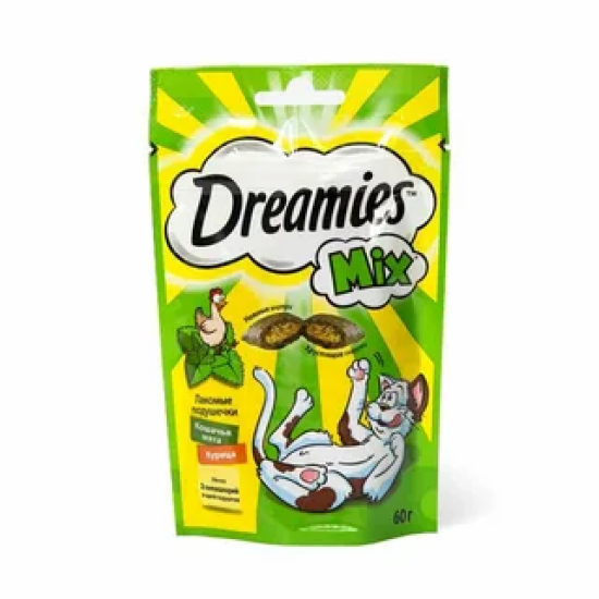 Dreamies Mix лакомство для кошек «Аппетитная курочка и мята», хрустящие подушечки с курицей и кошачьей мятой, 60 г