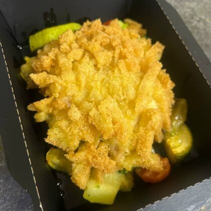 Куриный шницель по-министерски с печеными овощами